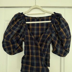 Plaid V-Neck Puff Sleeve Top - Navy and Mustard